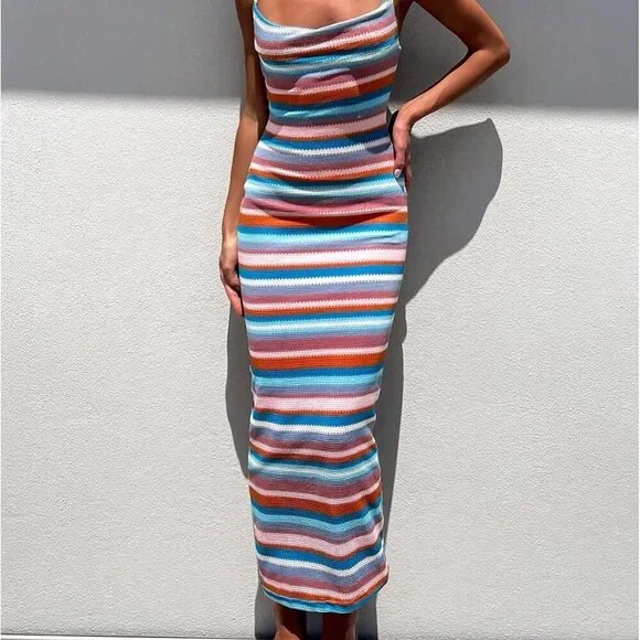 Women's Crochet Maxi Dress Polyester Small Open Back Sleeveless Vacation - Picture 4 of 6